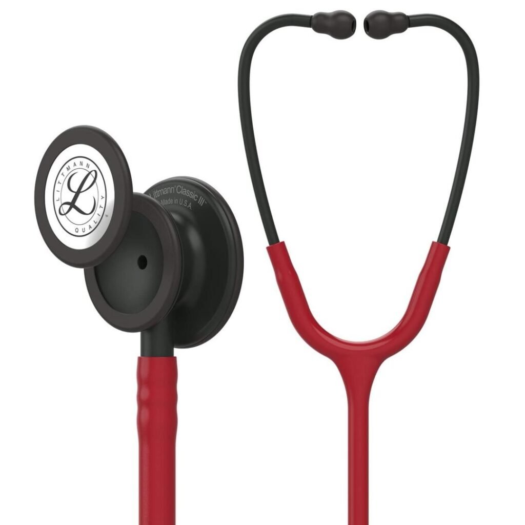 3M Littmann Classic III Stethoscope, 5868, Black-Finish Chestpieceand Stem, Burgundy Tube, 27 in, 3 Each/Case